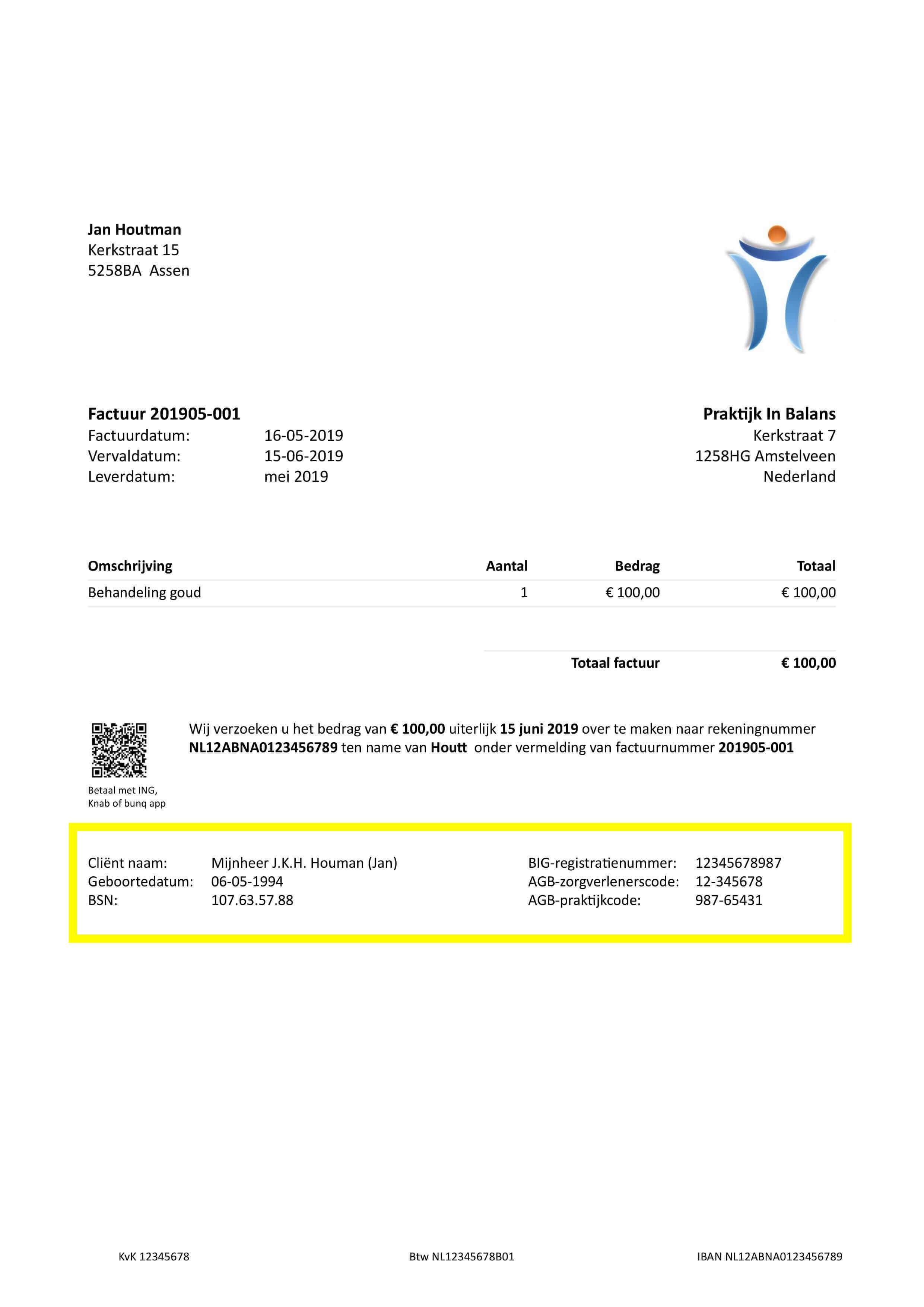 Voorbeeld van een factuur voor de zorg