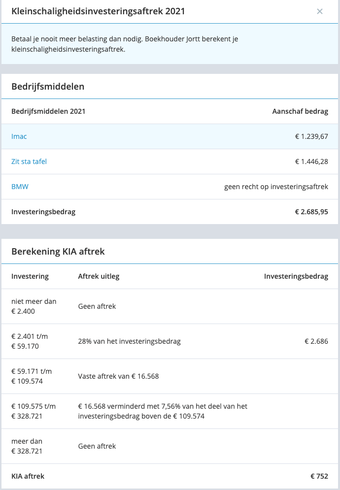 KIA rapport in boekhoudprogramma Jortt