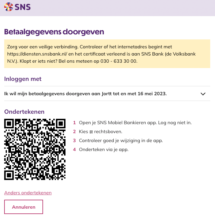 Kopeling SNS mobiel bankieren app