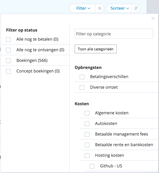 boekingen filteren in boekhouding