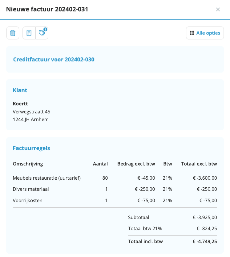 Voorbeeld van een creditfactuur