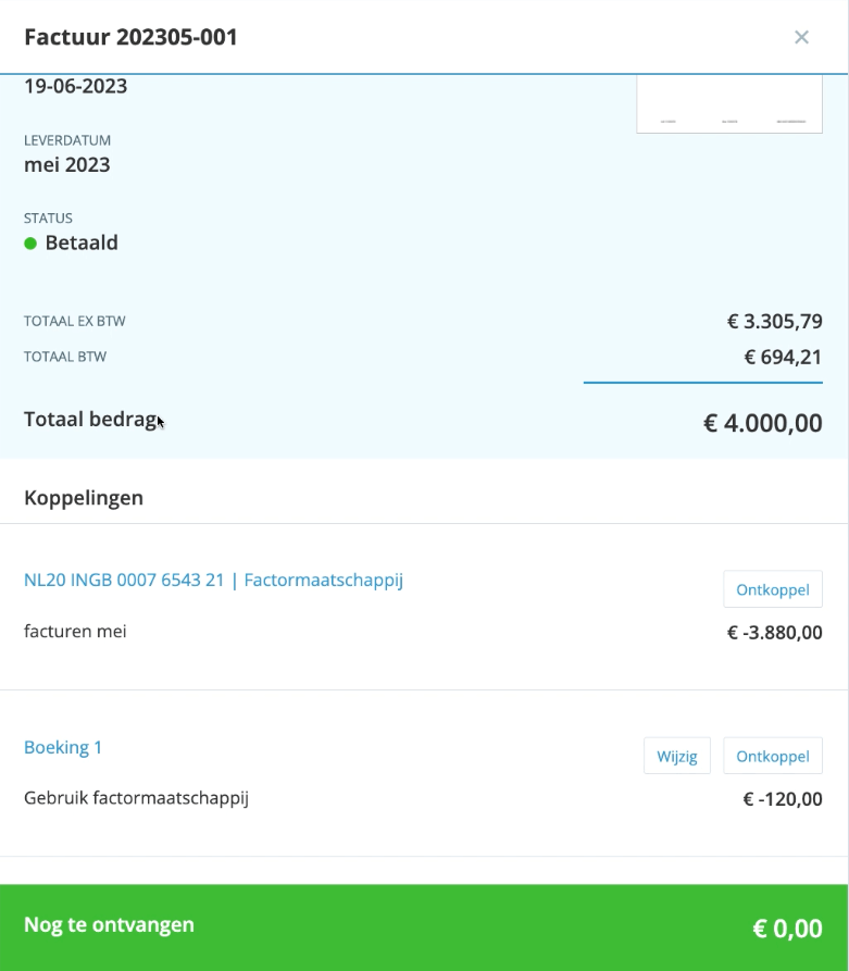 Factuur betaald door factoring met tussenrekening