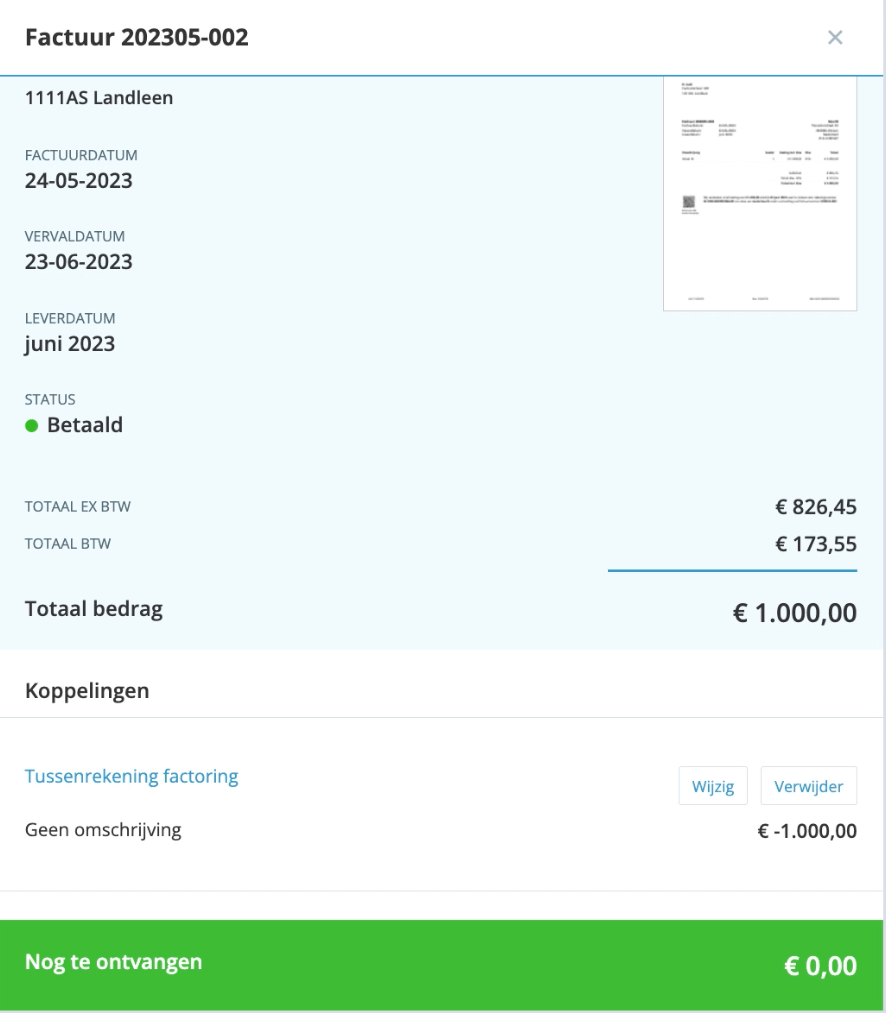 Factuur betaald door factoring met verkoopkosten