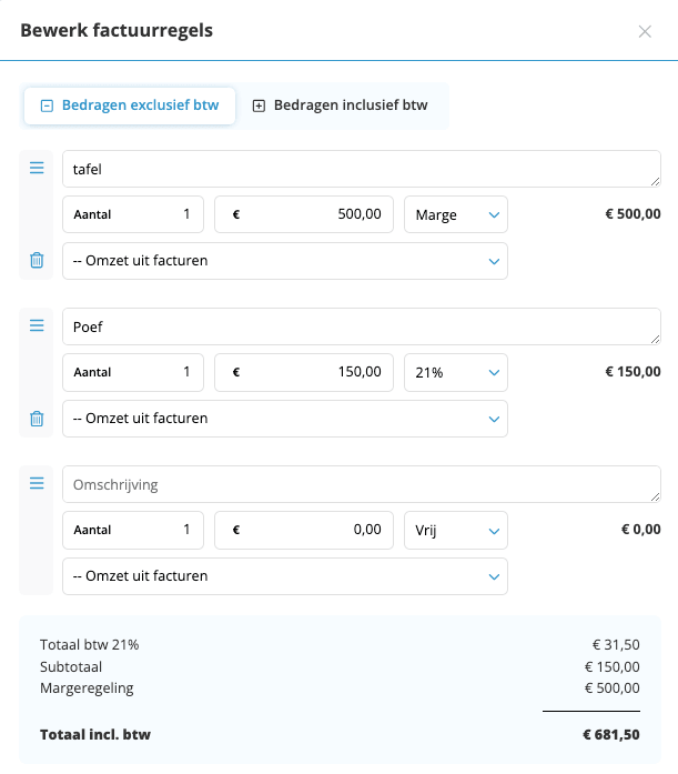 Voorbeeld factuurregels met marge