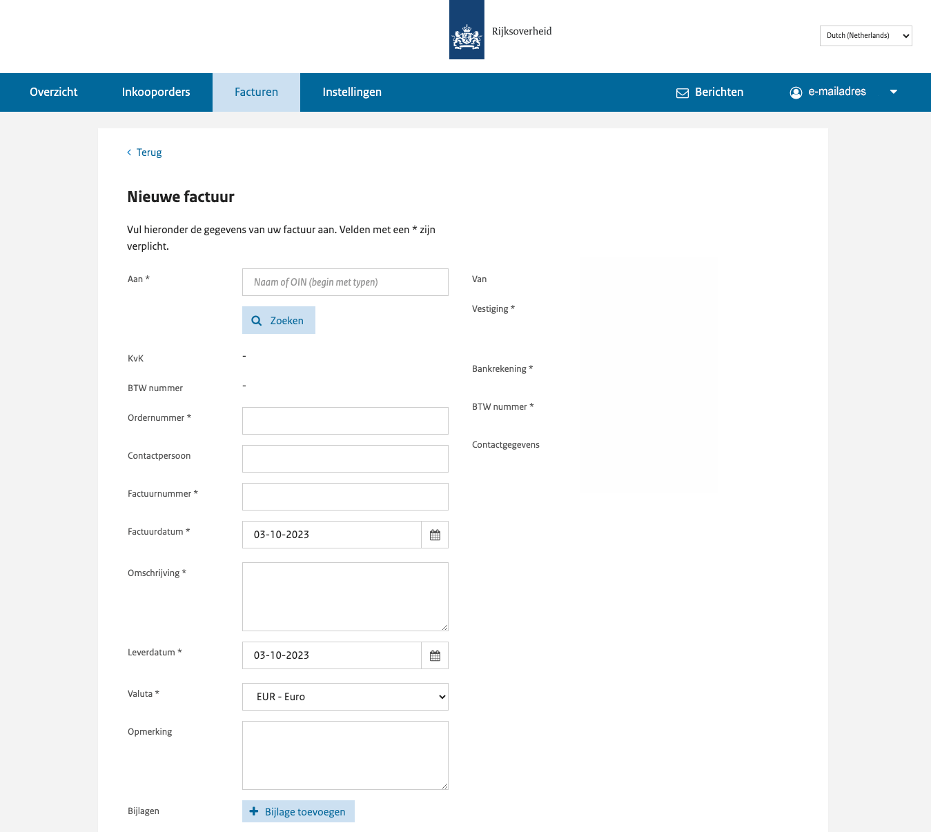 nieuwe factuur in leveranciersportaal