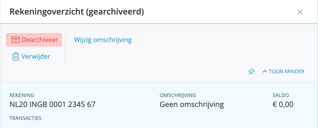 bankrekening dearchiveren in boekhoudprogramma
