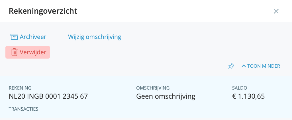 bankrekening verwijderen in boekhoudprogramma