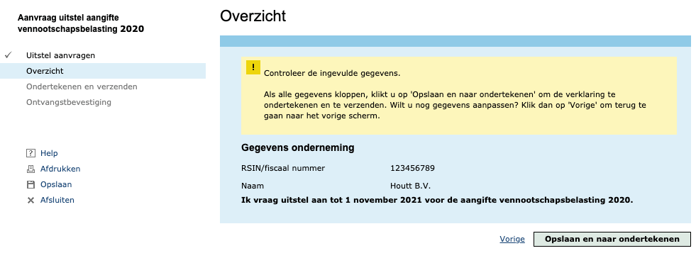 Uitstel vennootschapsbelasting ondertekenen