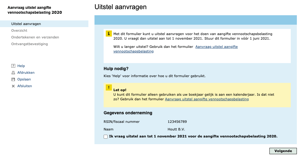 Vinkje bij Ik vraag uitstel aan