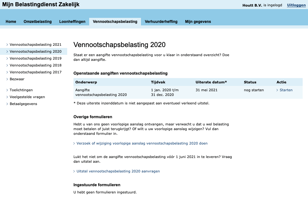 Het vennootschapsbelasting-scherm van de Belastingdienst