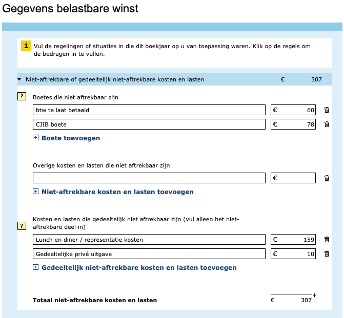 vennootschapsbelasting niet aftrekbare of gedeeltelijk niet aftrekbare kosten en lasten