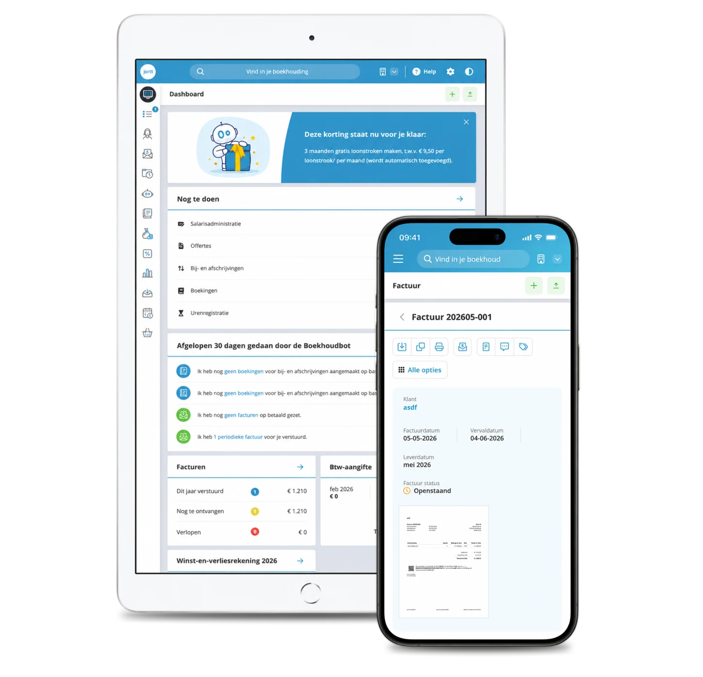 De boekhouding van jortt op een tablet en op een telefoon