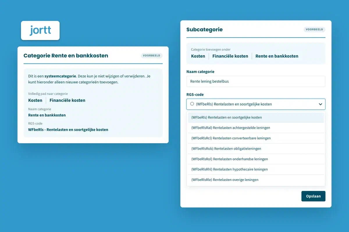 Een categorie in jortt met de RGS-code eronder: Rente en bankkosten, WFbeRls