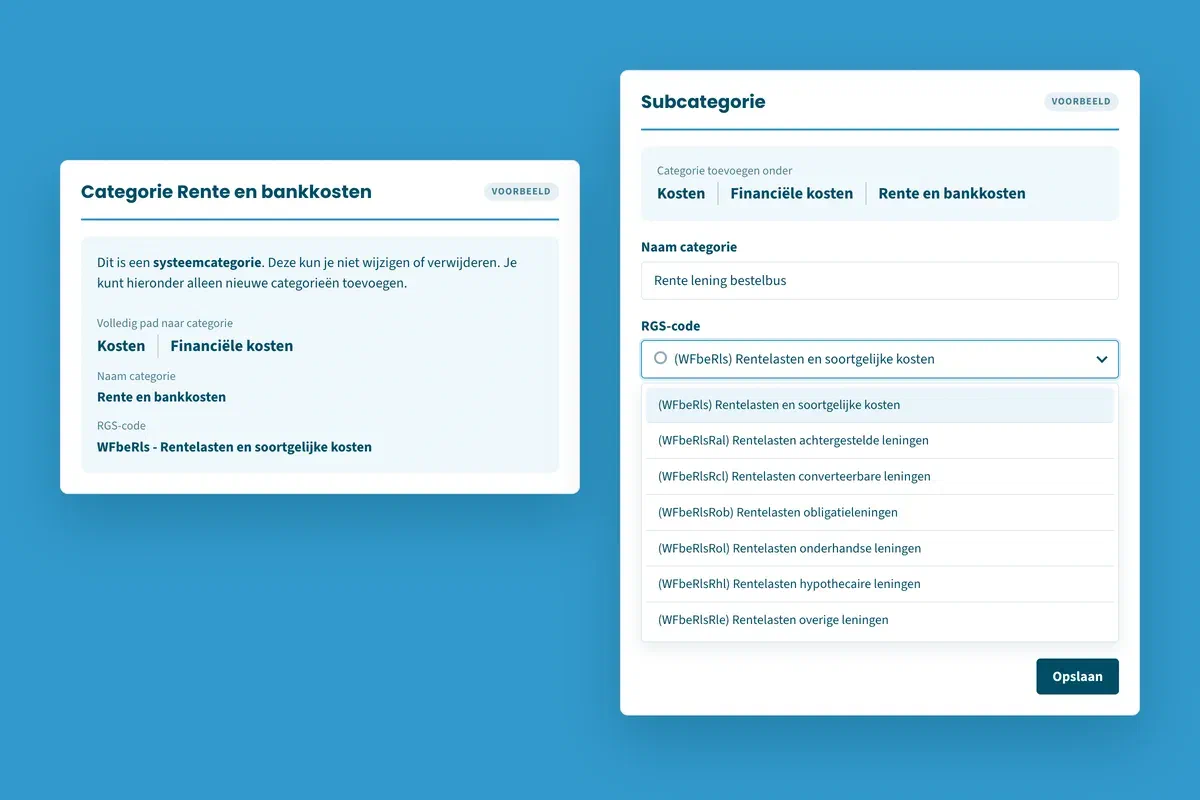 Een categorie in jortt met de RGS-code eronder: Rente en bankkosten, WFbeRls