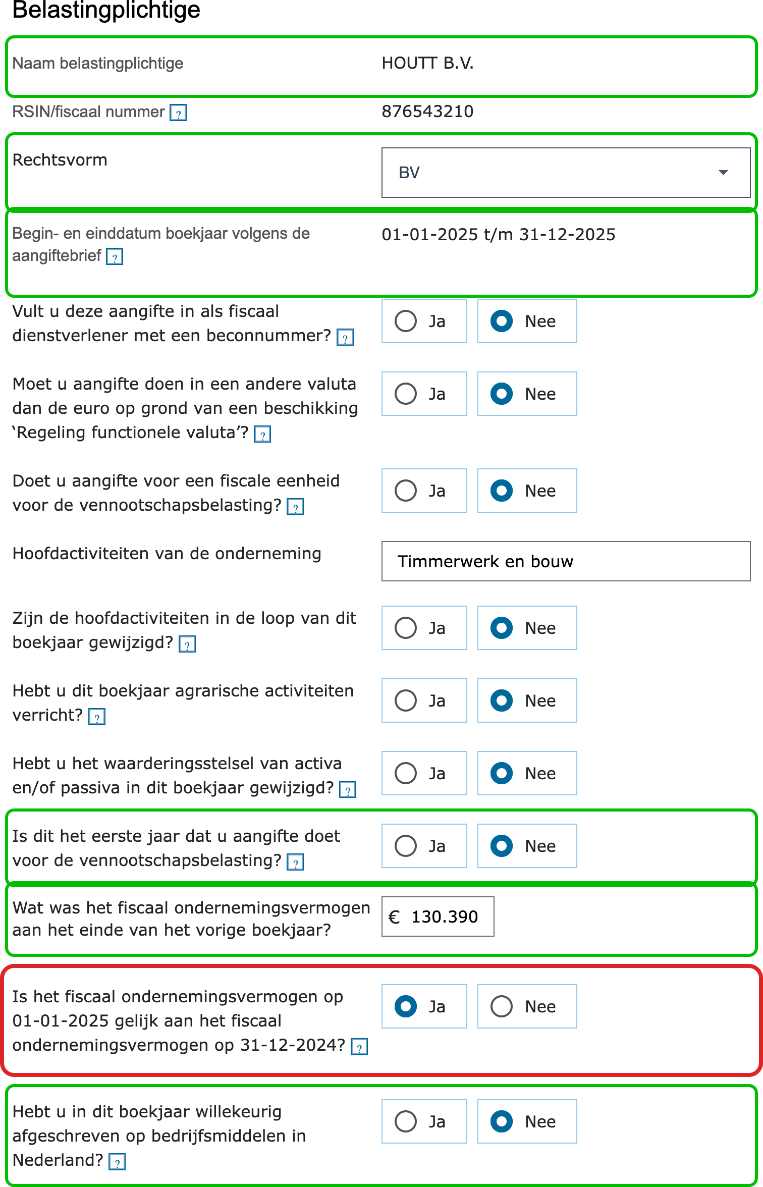 Het scherm Belastingplichtige in de vpb-aangifte, met de velden uit jortt gemarkeerd