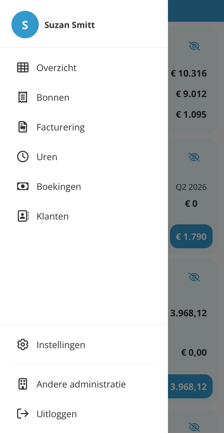 Het menu van de jortt app als eigenaar, met Overzicht, Bonnen, Facturering, Uren, Boekingen en Klanten, en onderaan Instellingen, Andere administratie en Uitloggen
