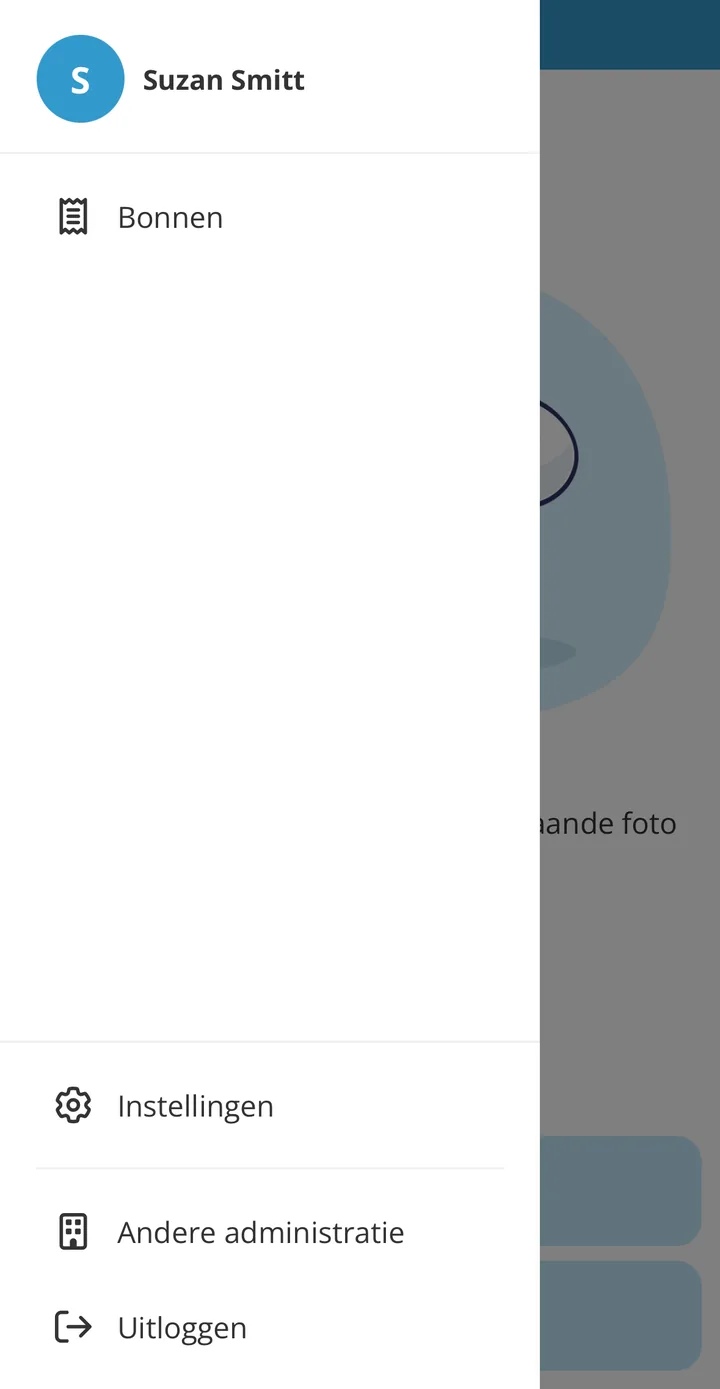 Het menu van de jortt app bij de rol Bon uploader, met alleen Bonnen en onderaan Instellingen, Andere administratie en Uitloggen