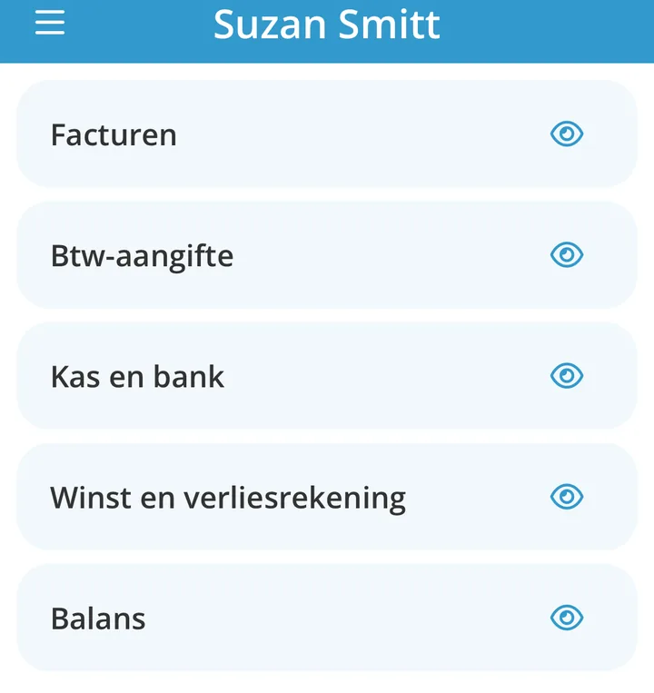 Het scherm Overzicht met de vijf panelen Facturen, Btw-aangifte, Kas en bank, Winst en verliesrekening en Balans, alle vijf ingeklapt