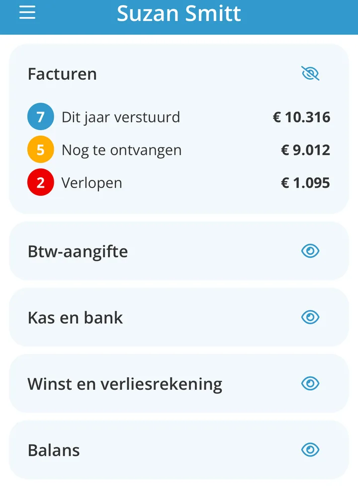 Het paneel Facturen uitgeklapt, met de bedragen voor dit jaar verstuurd, nog te ontvangen en verlopen