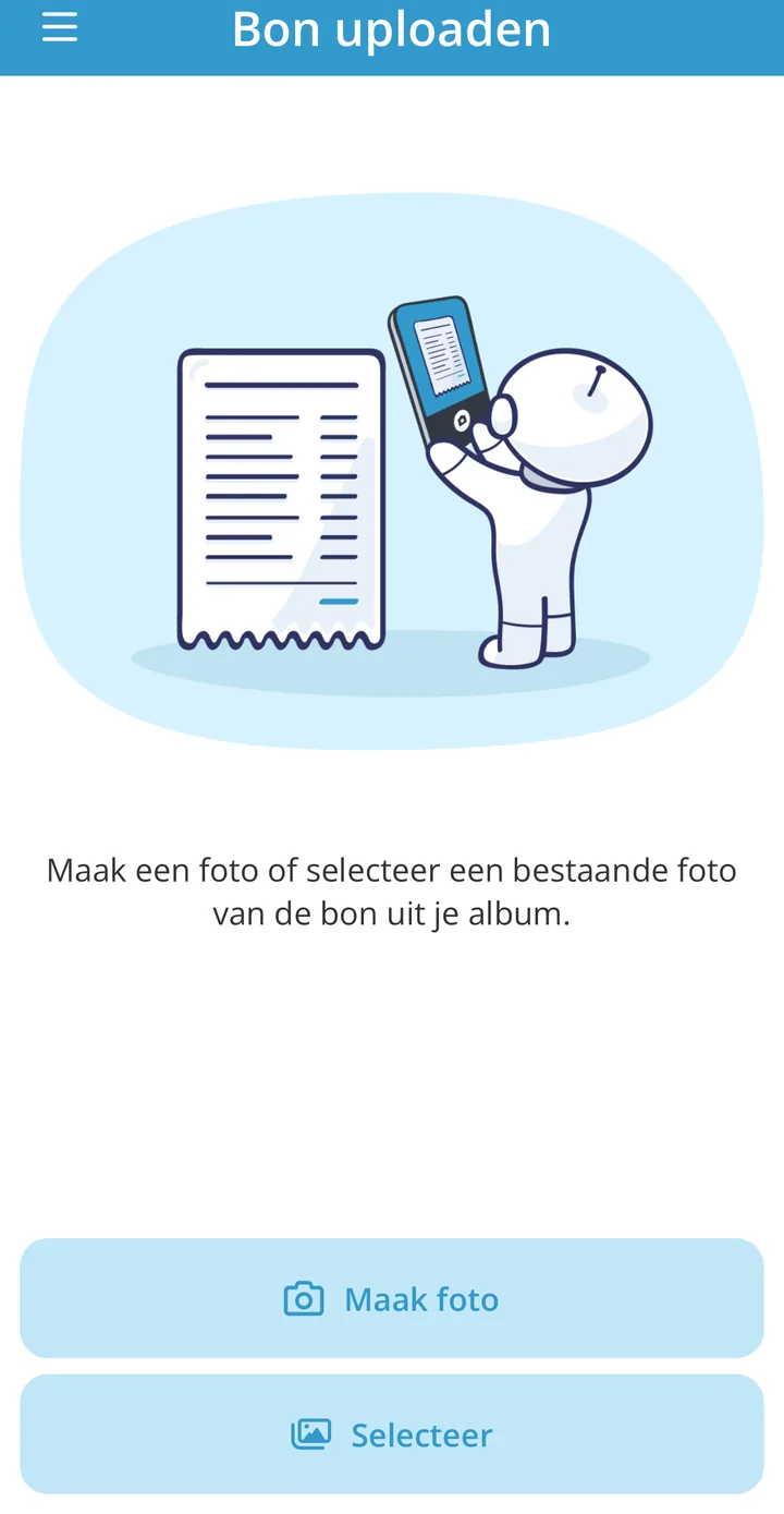 Het beginscherm van Bonnen in de jortt app, met de knoppen Maak foto en Selecteer