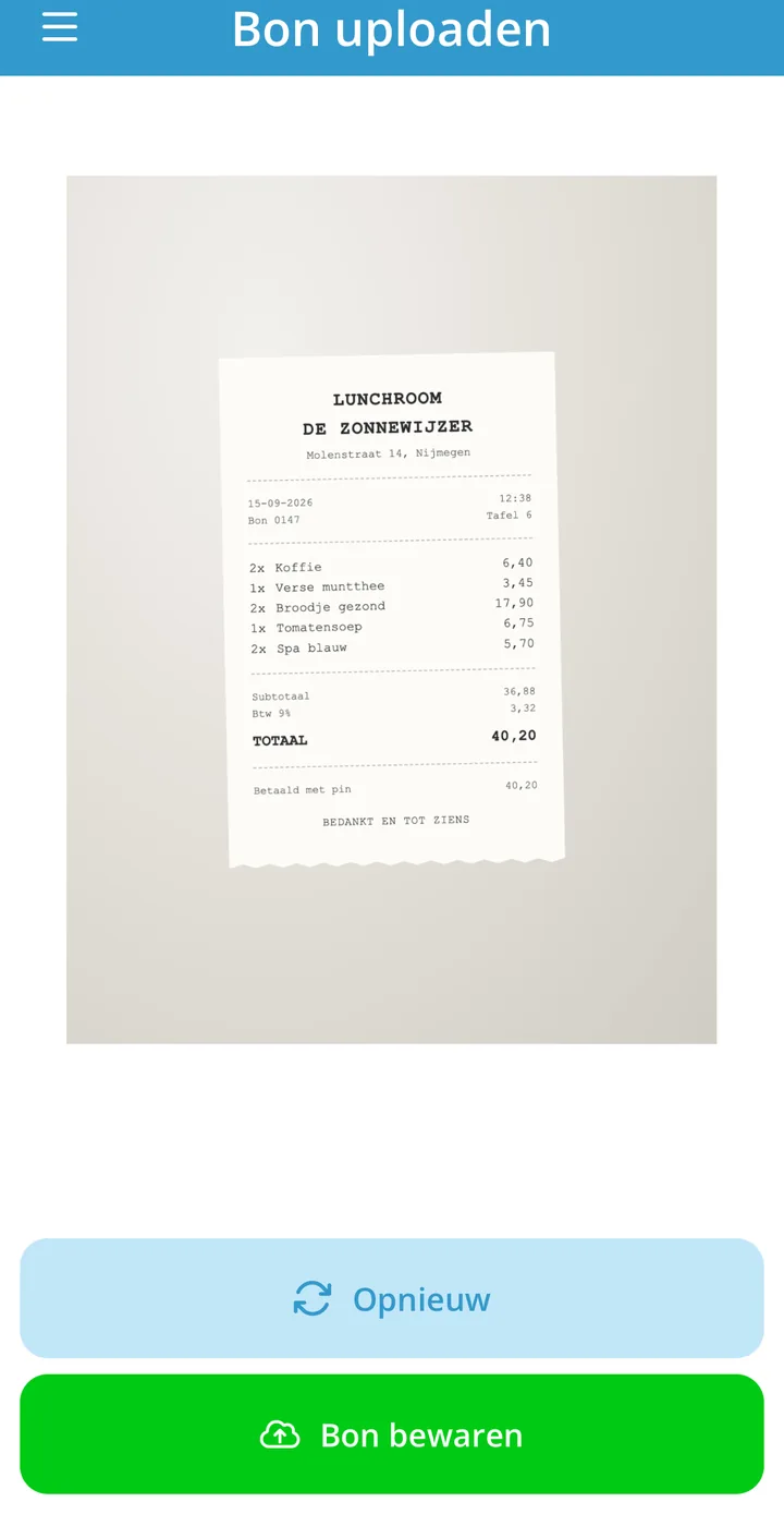 De voorbeeldweergave van een gekozen bon, met de knoppen Opnieuw en Bon bewaren