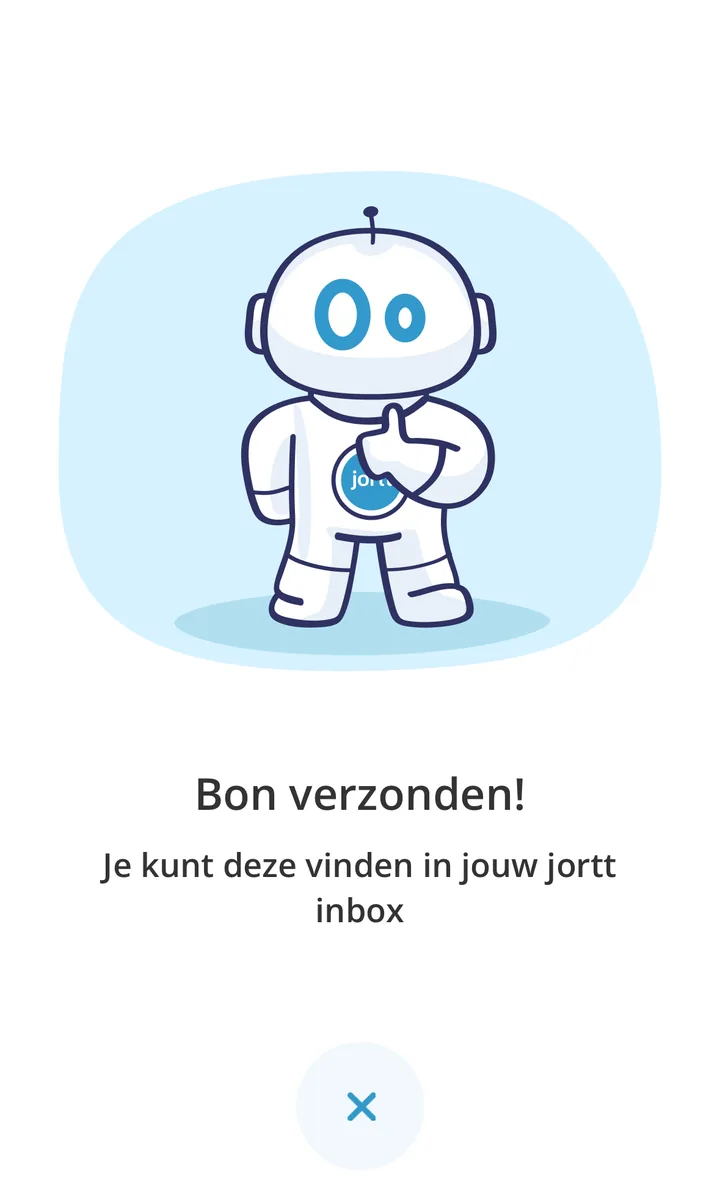 De bevestiging Bon verzonden in de jortt app, met de tekst dat je de bon terugvindt in je jortt inbox