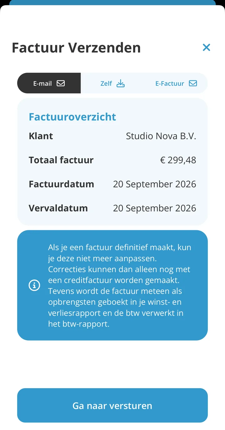 Het verzendscherm van een factuur met de drie keuzes E-mail, Zelf en E-factuur