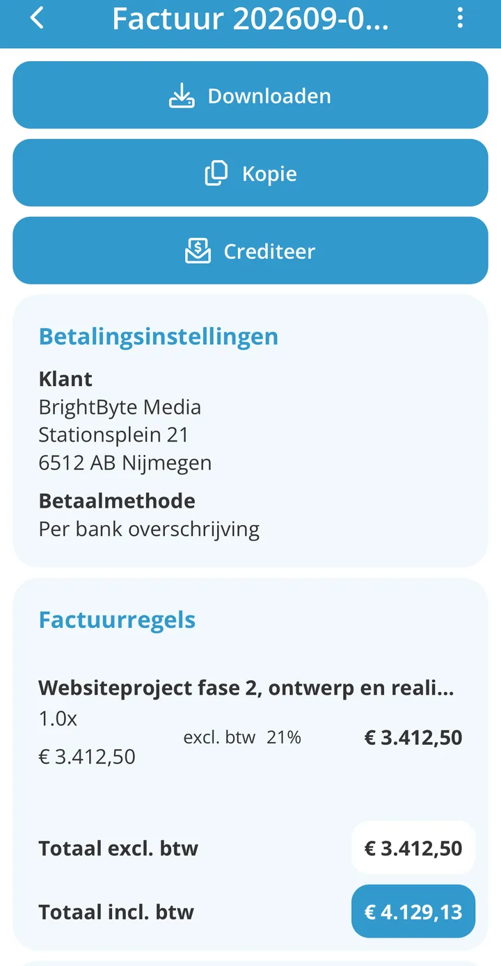 Een verstuurde factuur in de jortt app met de knoppen Downloaden, Kopie en Crediteer