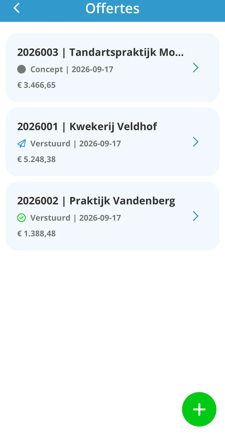 De offertelijst in de jortt app met offertes in de statussen Concept en Verstuurd