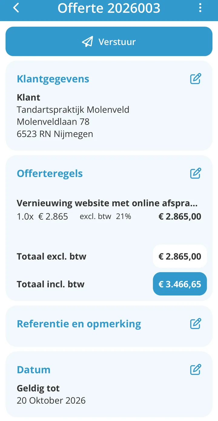 Een concept offerte in de jortt app met de klantgegevens en de offerteregels ingevuld