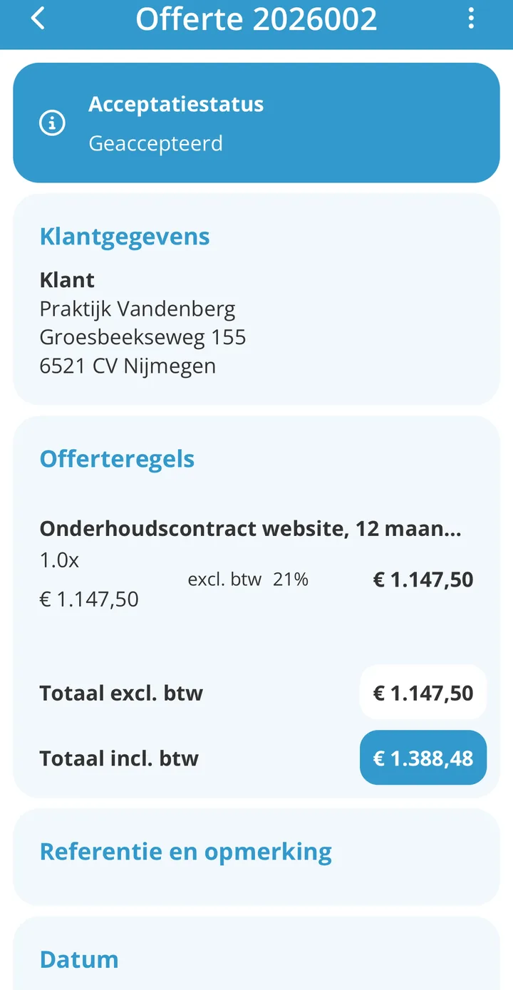 Een geaccepteerde offerte in de jortt app, met bovenaan het blok Acceptatiestatus en daaronder Geaccepteerd
