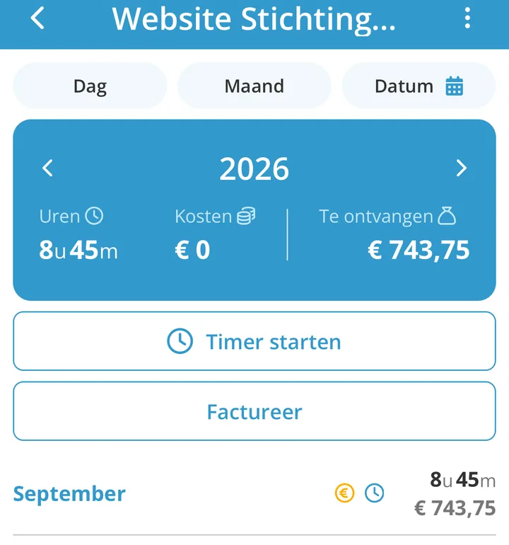 Een project in de jortt app met de knop Timer starten