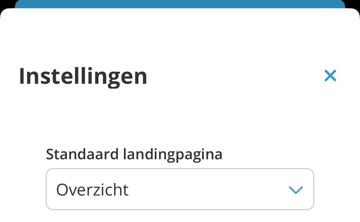 Het scherm Instellingen in de jortt app met de keuze Standaard landingpagina, hier op Overzicht