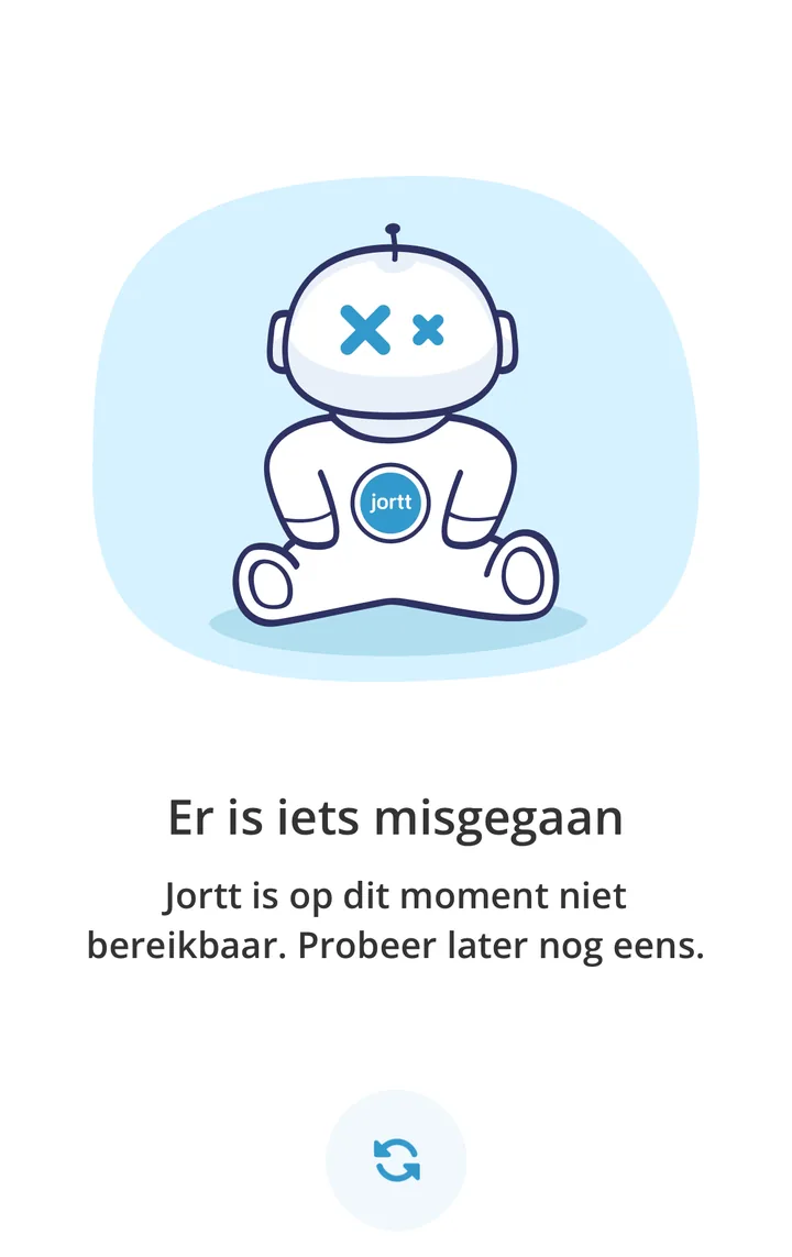 De melding Er is iets misgegaan in de jortt app, met daaronder de tekst dat jortt op dit moment niet bereikbaar is
