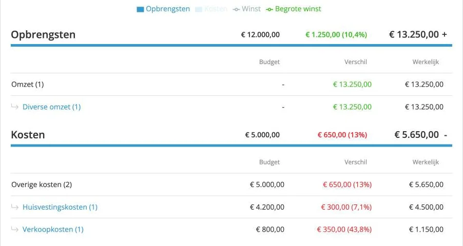 Opbrengsten van 13.250 euro tegenover een budget van 12.000 euro, en kosten van 5.650 euro tegenover een budget van 5.000 euro, met het verschil per categorie