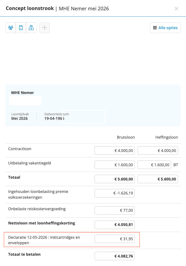Declaratie op de loonstrook