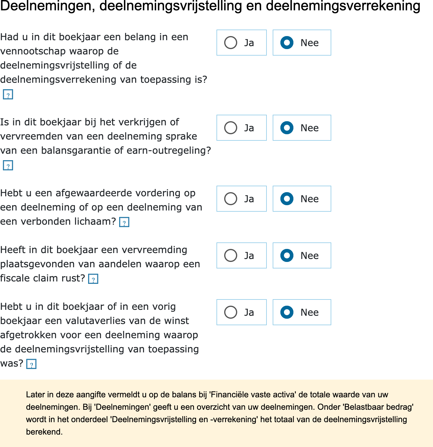 Het scherm Deelnemingen, deelnemingsvrijstelling en deelnemingsverrekening in de vpb-aangifte