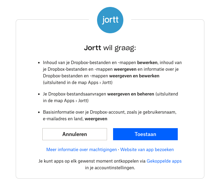 Kies toestaan om de dropbox koppeling te maken