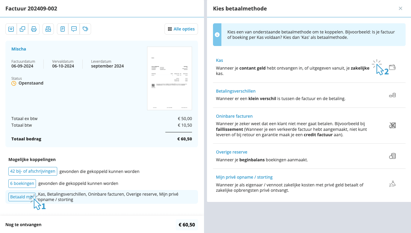 factuur betaald met Kas