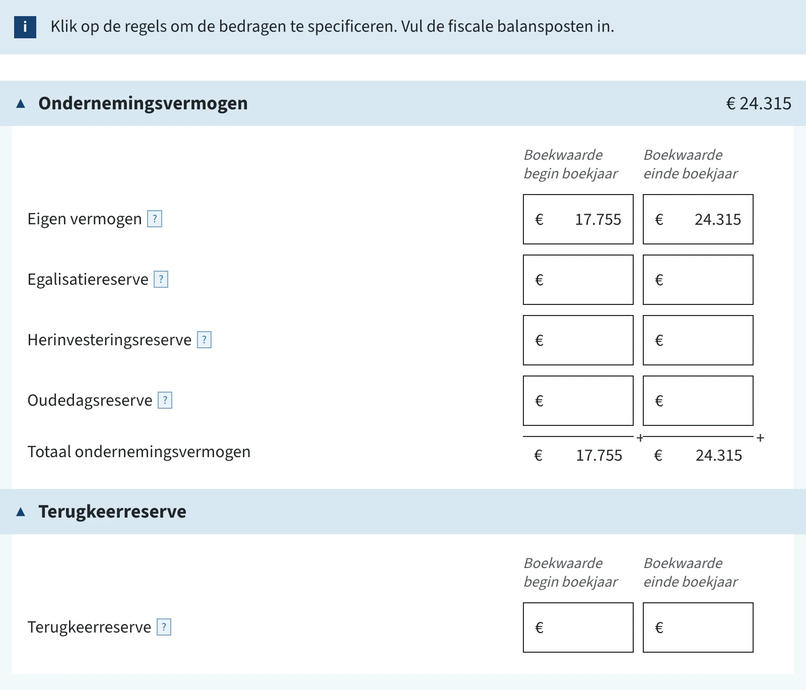 Invulvelden ondernemingsvermogen in de ib-aangifte