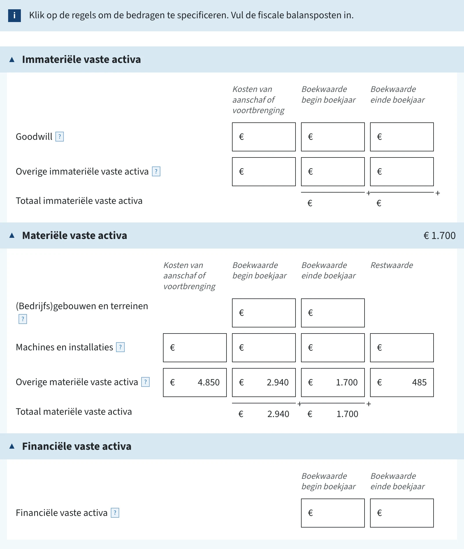 Invulvelden vaste activa in de ib-aangifte