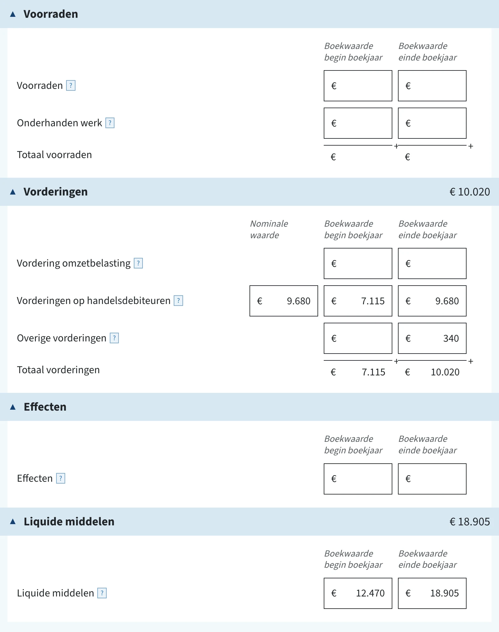 Invulvelden vlottende activa in de ib-aangifte