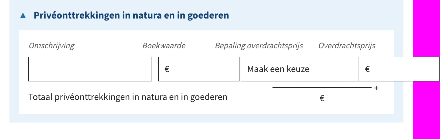 Invulvelden privéonttrekkingen in natura en in goederen in de ib-aangifte