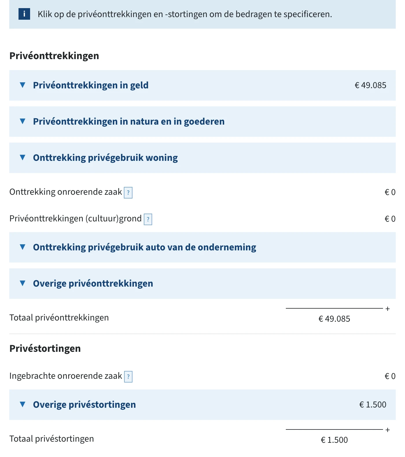 Het scherm privéonttrekkingen en -stortingen in de ib-aangifte