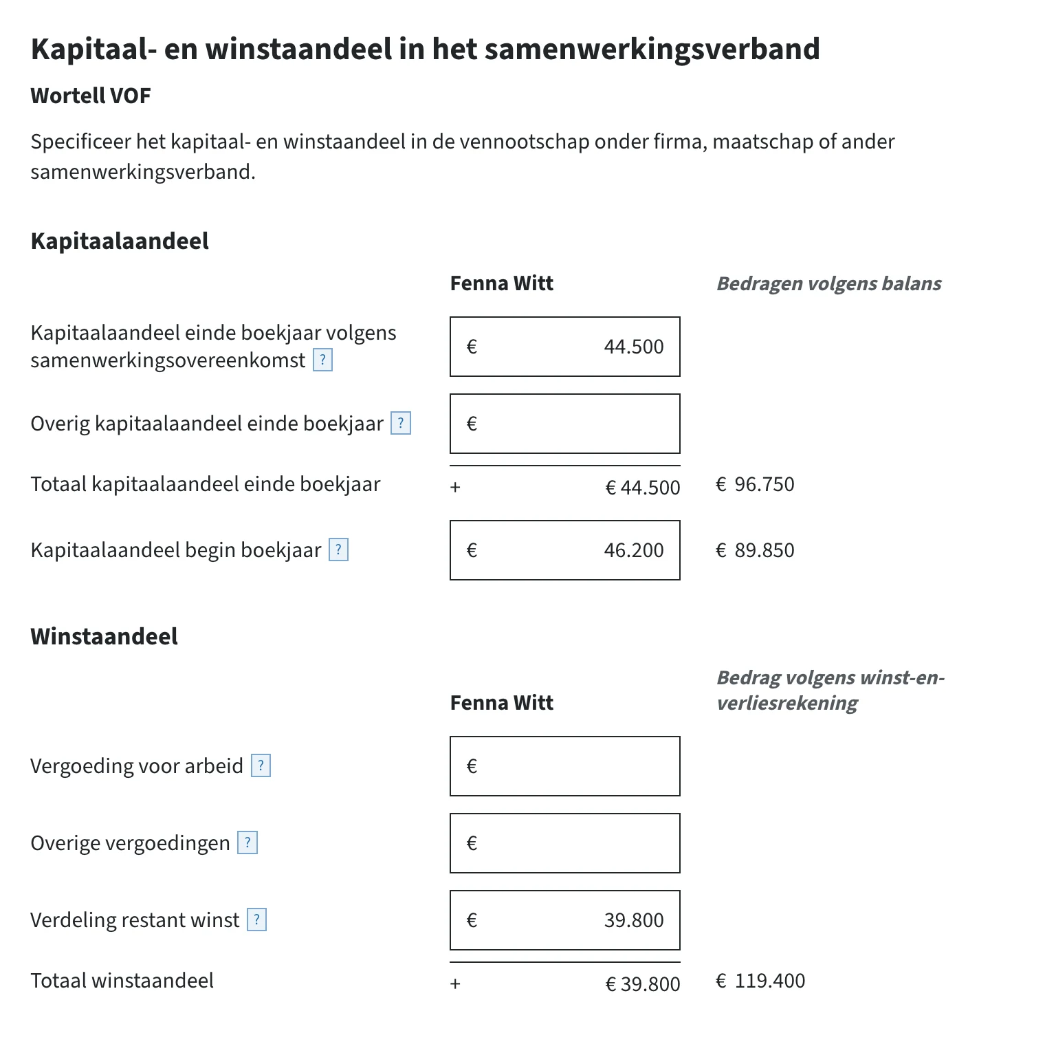 Invulvelden kapitaal- en winstaandeel in het samenwerkingsverband in de ib-aangifte