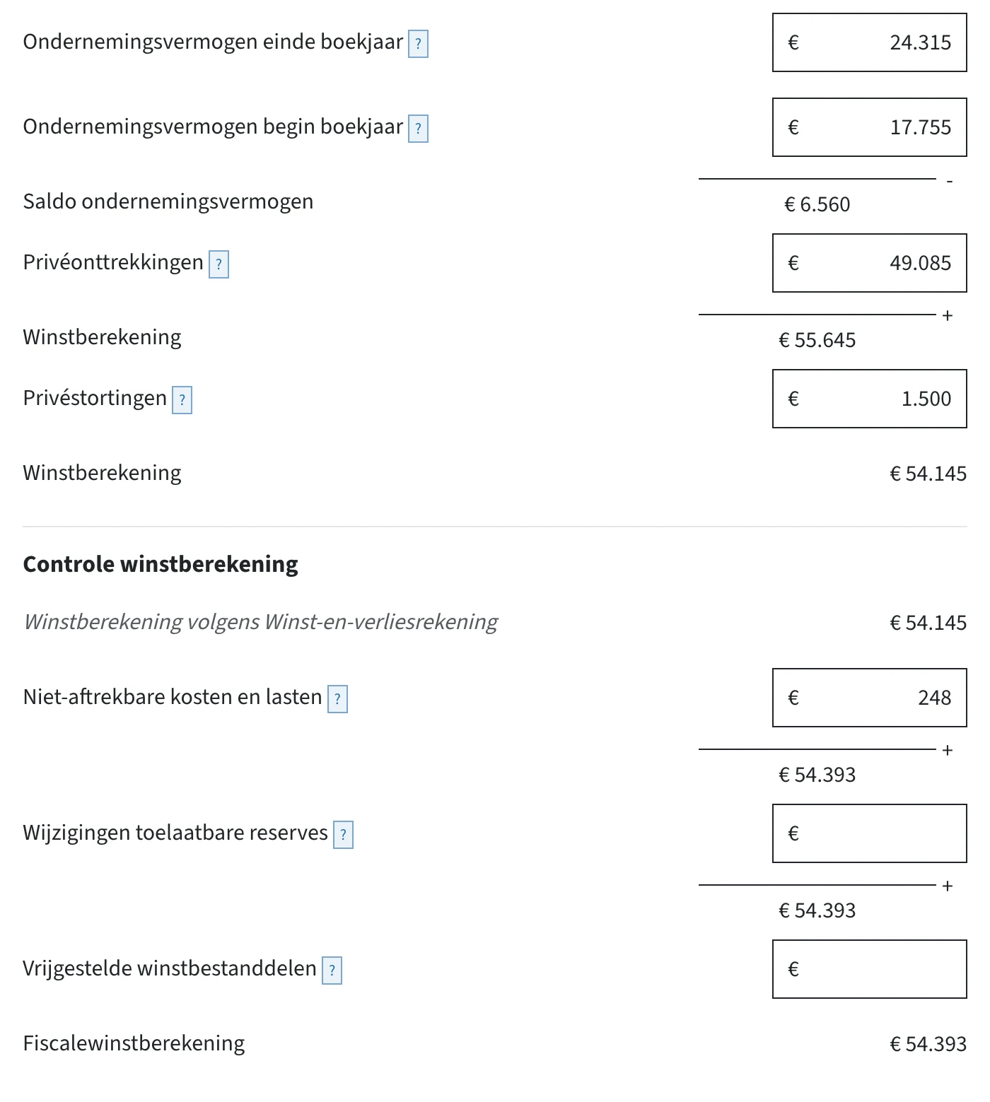 Het scherm fiscale winstberekening in de ib-aangifte