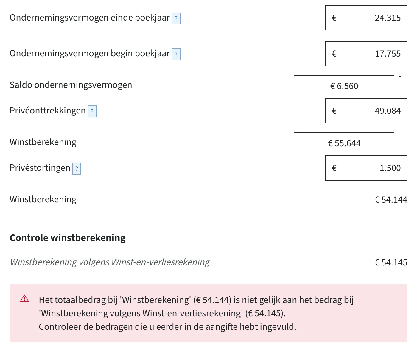 Waarschuwing dat de winstberekening niet gelijk is in de ib-aangifte