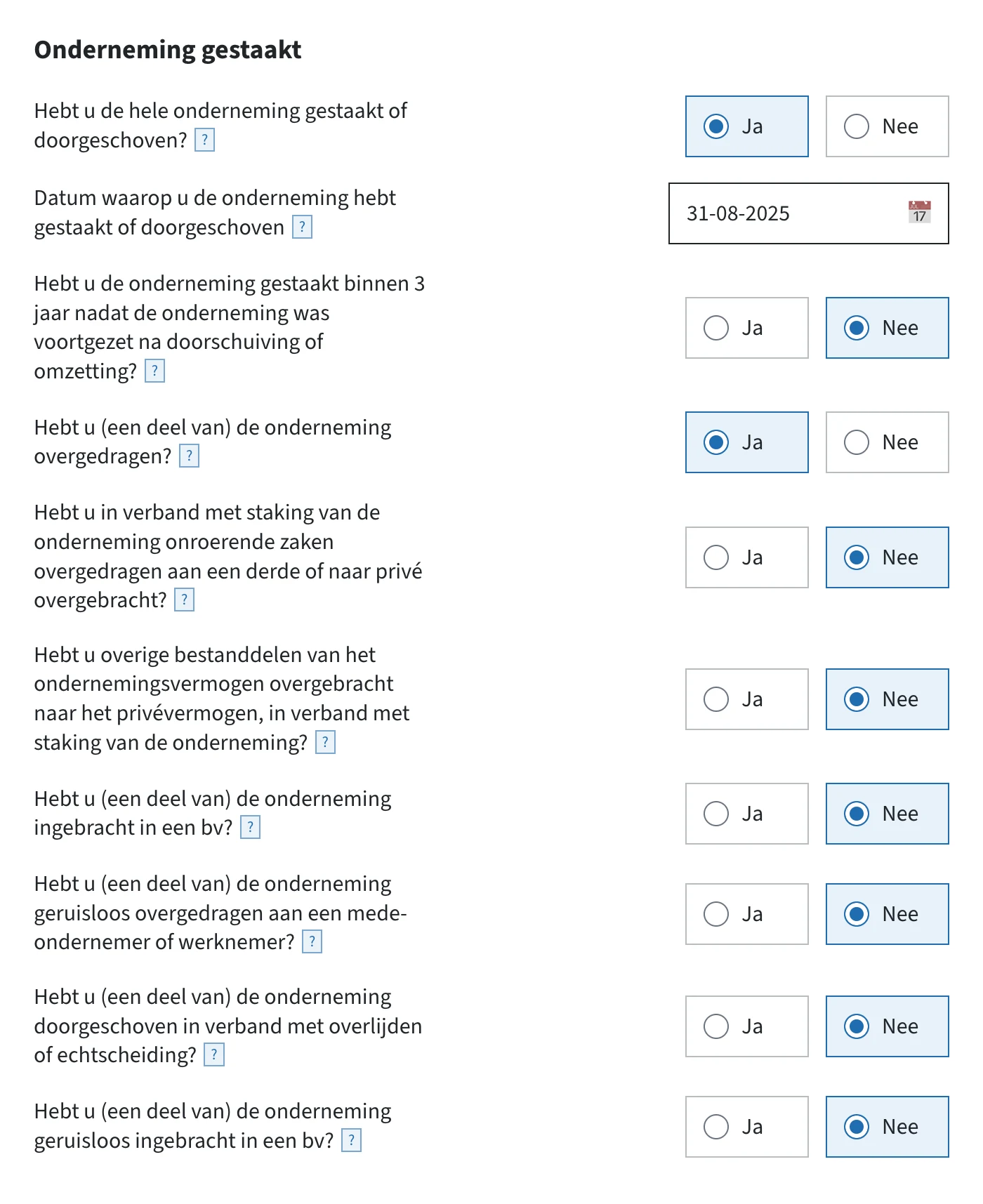 Het blok Onderneming gestaakt in de ib-aangifte