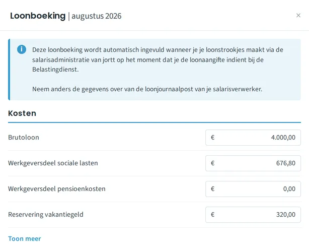 Het scherm Loonboeking met de knop Toon meer onder het blok Kosten