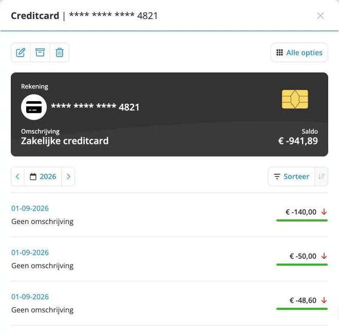 De zakelijke creditcard 4821 in jortt met een saldo van min 941,89 euro en de eerste betalingen van september 2026